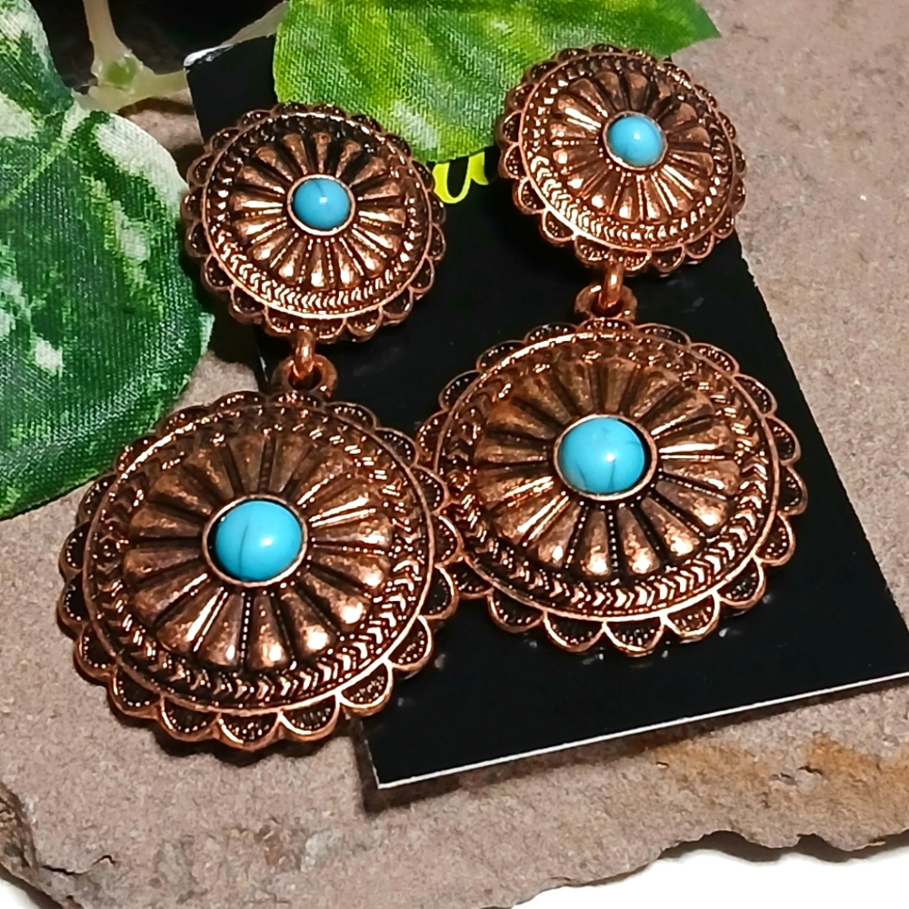 Southwestern Style Copper Tone Post Earrings w Faux Turquoise